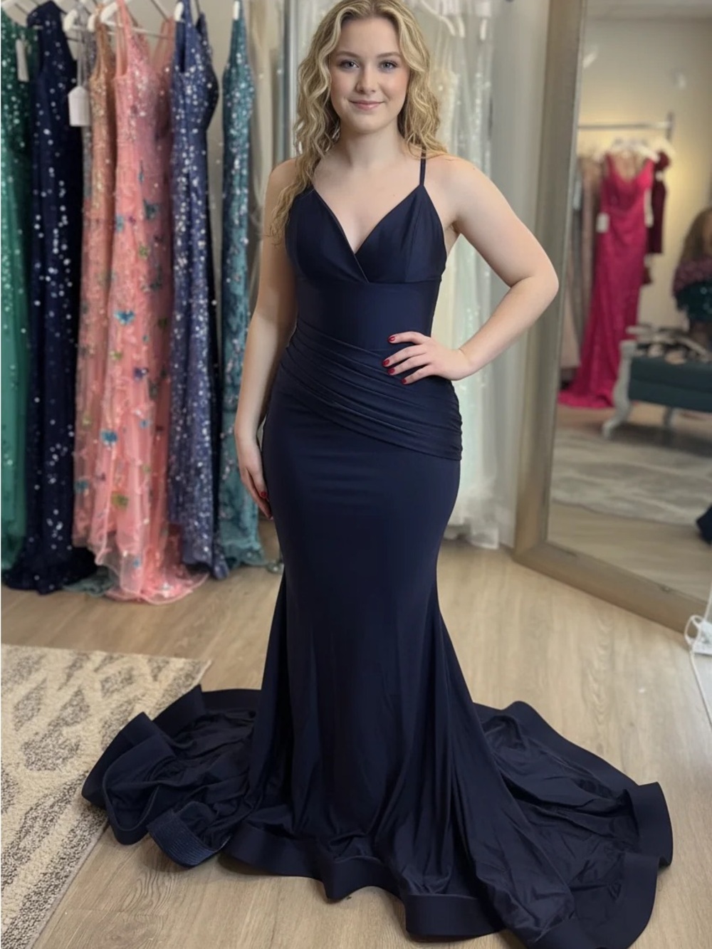 Navy Spaghetti-Strap Prom Gown with Ruched Waist